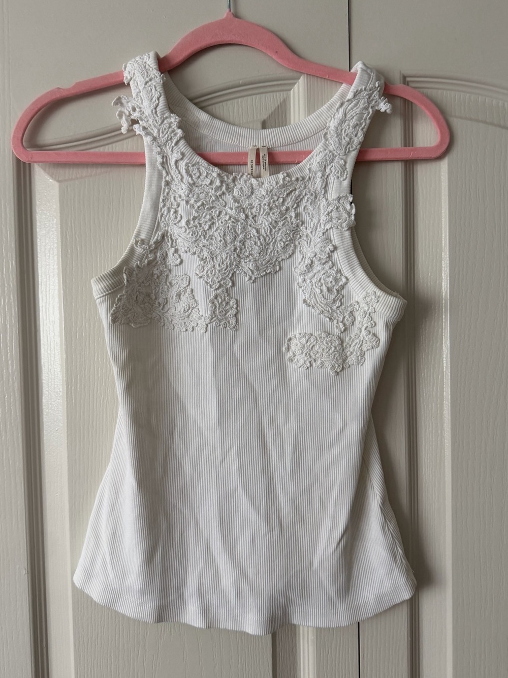 Anthropologie White Ribbed Tank with Lace Appliqué